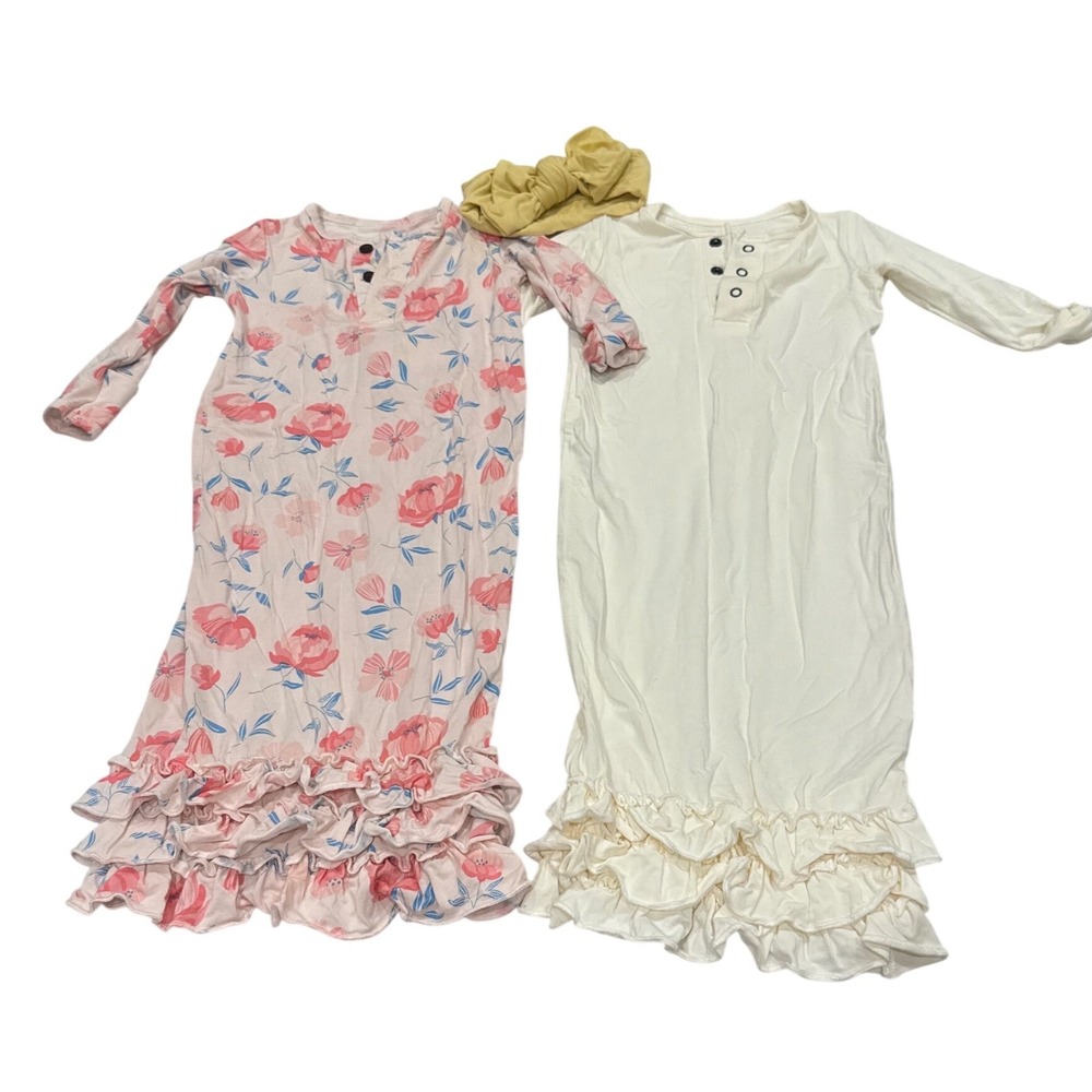 Sweet Bamboo Baby Gown Set Kids OS Pink Cream Floral Ruffle Henley Sleepwear
